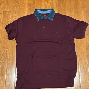 NWOT Harmon Blaine Men's Burgundy Polo Shirt with Denim Collar